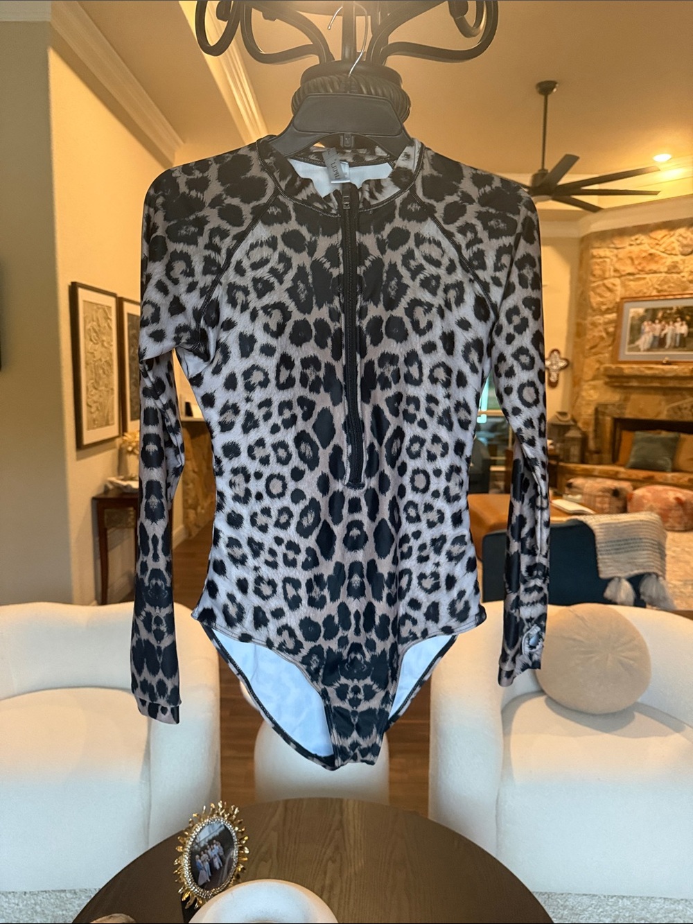Leopard Print Long-Sleeve One-Piece Swimsuit - Black & White